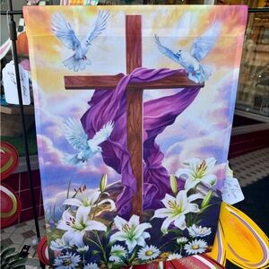 Purple Outdoor Flag Cross with Easter Lillies